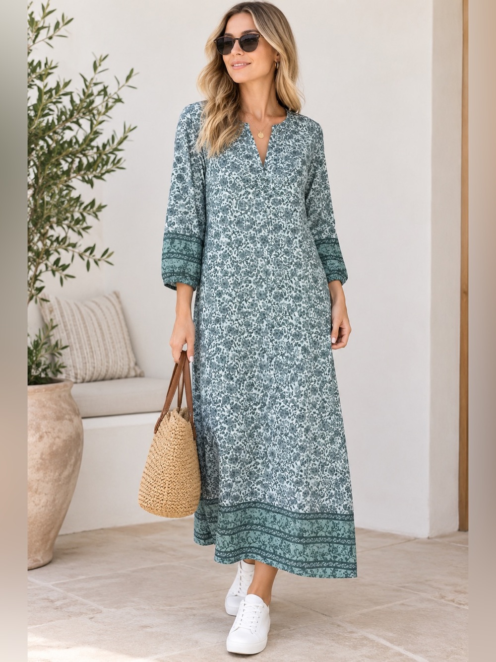 J. Jill casual Green Floral Long Sleeve Maxi Dress - Women size 3X NWT 100%ctn